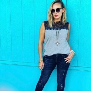 NWOT CAbi Style 3815 Lacey Tee, Gray and Black Lace Sleeveless Top, Size Medium